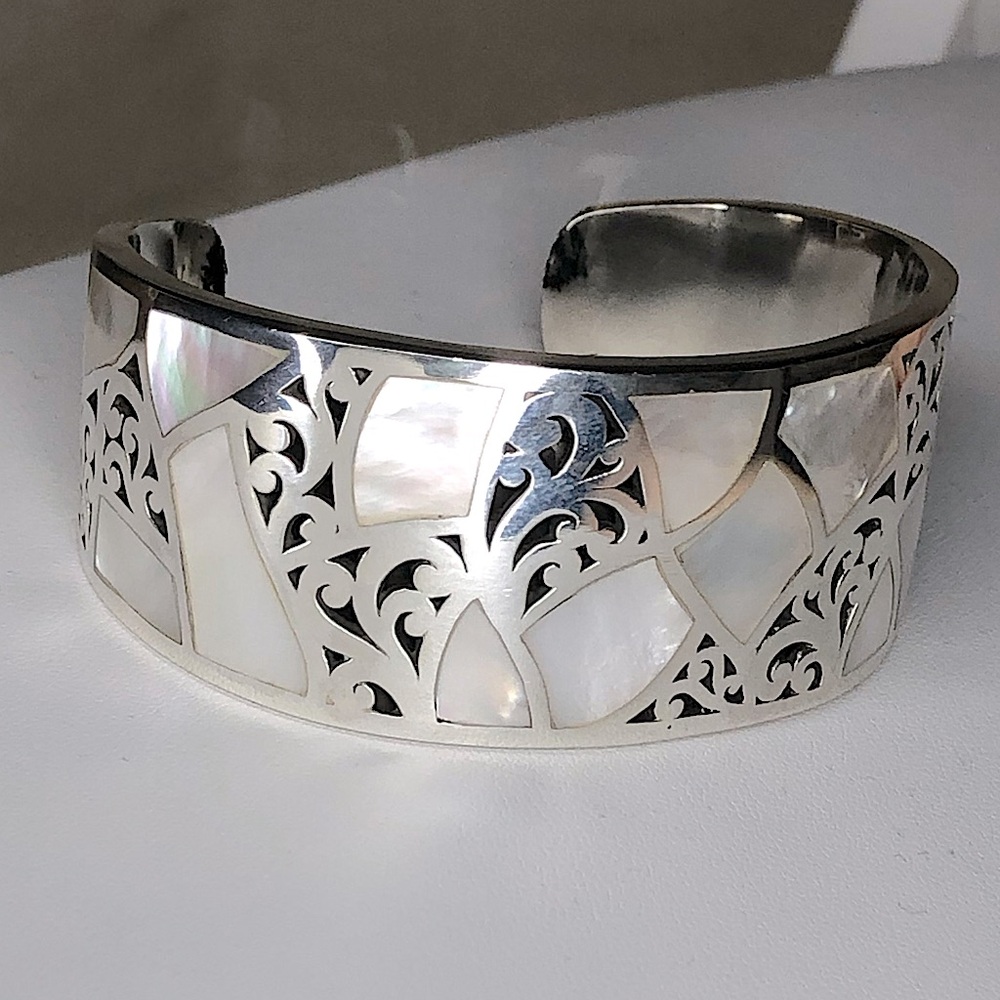LOIS HILL Mother of Pearl Mosaic Cut Out Cuff Sterling Silver 925 Cuff Bracelet